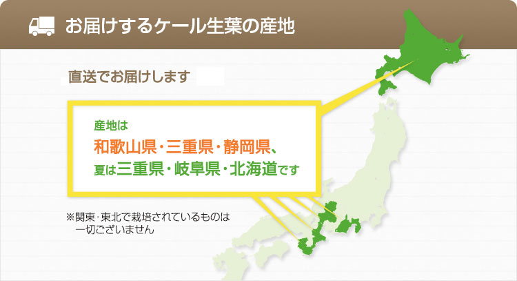 お届けするケール生葉の産地 産地は和歌山県・三重県・静岡圏、夏は三重県岐阜県・北海道です。関東・東北で栽培されているものは一切ございません
